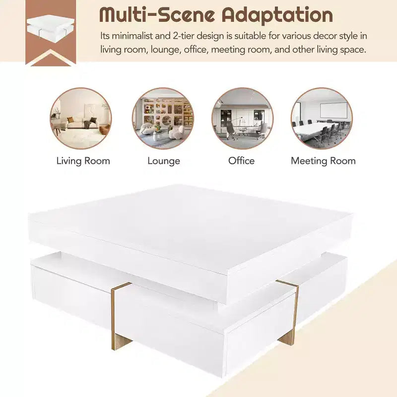 Table Basse Moderne Laquée Brillante avec 4 Tiroirs, Table Basse Carrée Multi-Rangements, Table Centrale, abstraite, blanche, 80cm, 0.8m