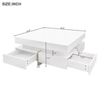 Table Basse Moderne Laquée Brillante avec 4 Tiroirs, Table Basse Carrée Multi-Rangements, Table Centrale, abstraite, blanche, 80cm, 0.8m
