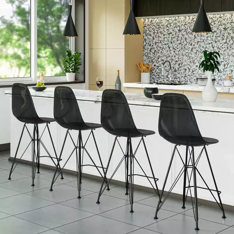 Tabouret de bar mi-hauteur LeisureMod Cresco en acrylique avec base en acier noir, parfait pour la cuisine, la salle à manger, le bar ou le salon
