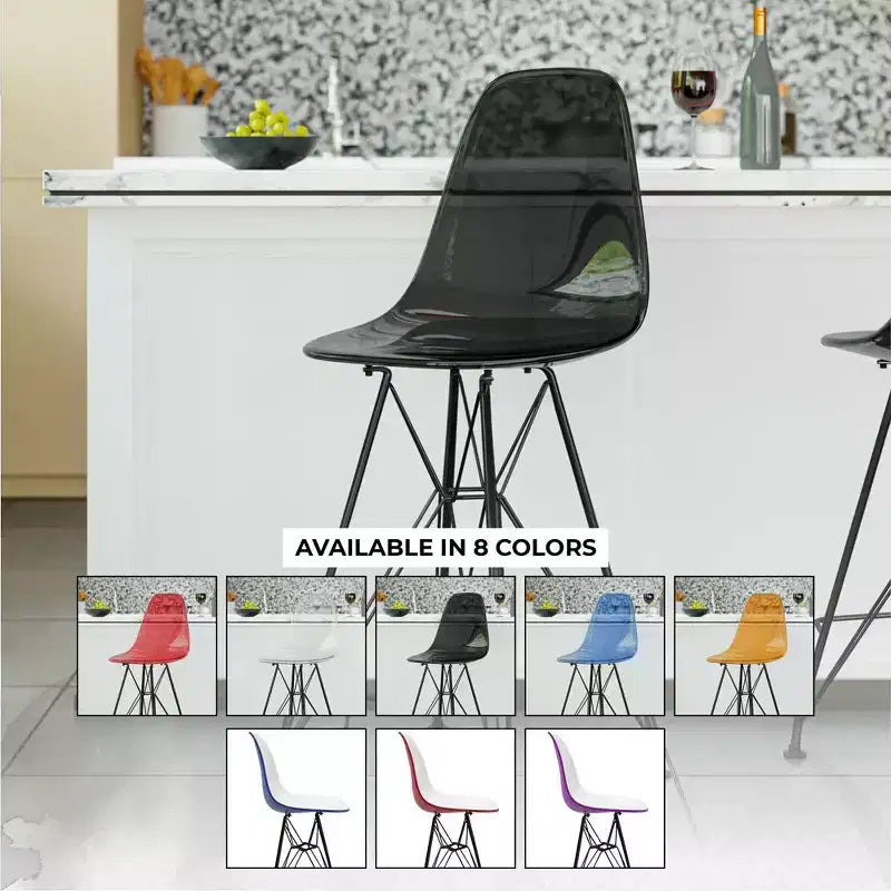 Tabouret de bar mi-hauteur LeisureMod Cresco en acrylique avec base en acier noir, parfait pour la cuisine, la salle à manger, le bar ou le salon