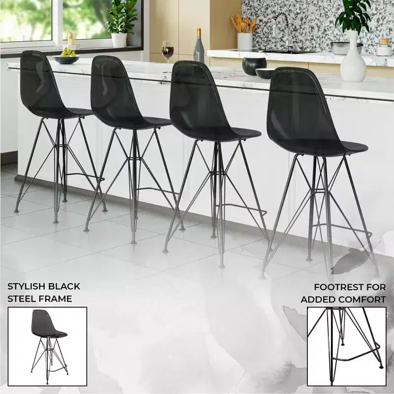 Tabouret de bar mi-hauteur LeisureMod Cresco en acrylique avec base en acier noir, parfait pour la cuisine, la salle à manger, le bar ou le salon