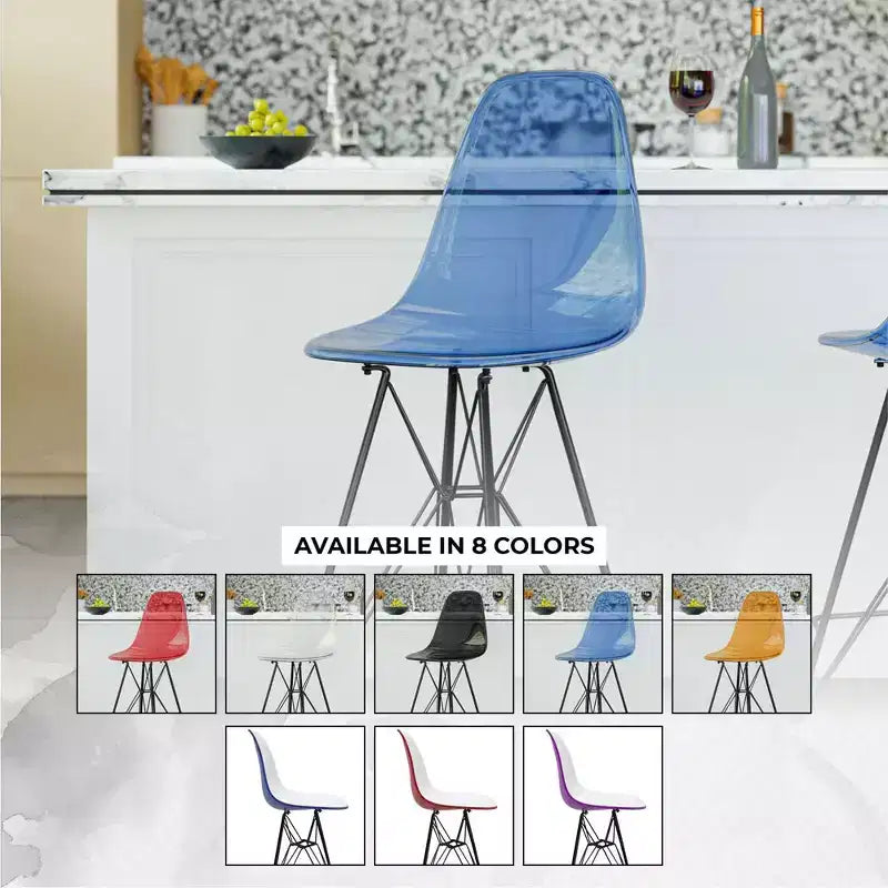 Tabouret de bar mi-hauteur LeisureMod Cresco en acrylique avec base en acier noir, parfait pour la cuisine, la salle à manger, le bar ou le salon