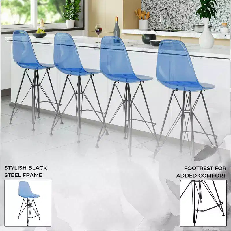 Tabouret de bar mi-hauteur LeisureMod Cresco en acrylique avec base en acier noir, parfait pour la cuisine, la salle à manger, le bar ou le salon