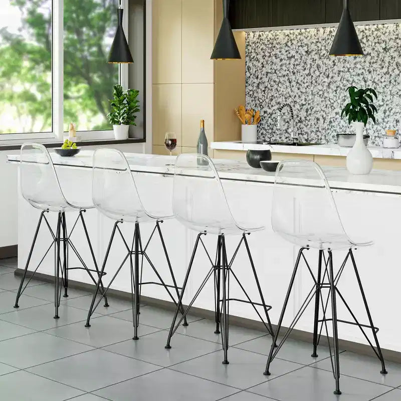 Tabouret de bar mi-hauteur LeisureMod Cresco en acrylique avec base en acier noir, parfait pour la cuisine, la salle à manger, le bar ou le salon
