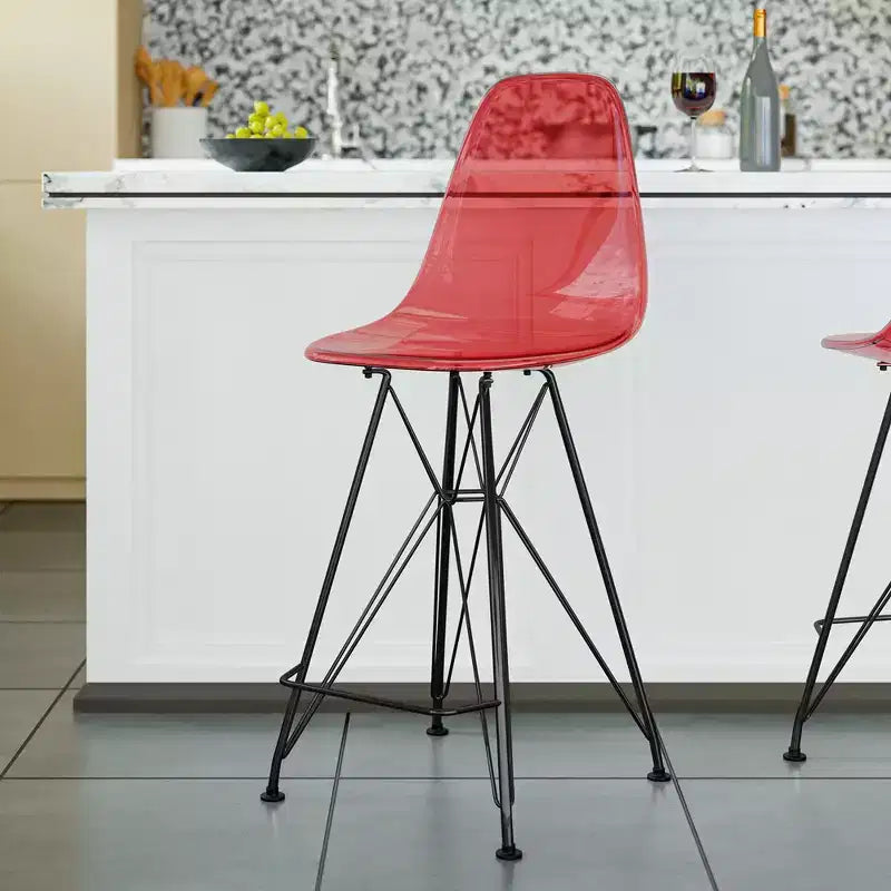 Tabouret de bar mi-hauteur LeisureMod Cresco en acrylique avec base en acier noir, parfait pour la cuisine, la salle à manger, le bar ou le salon