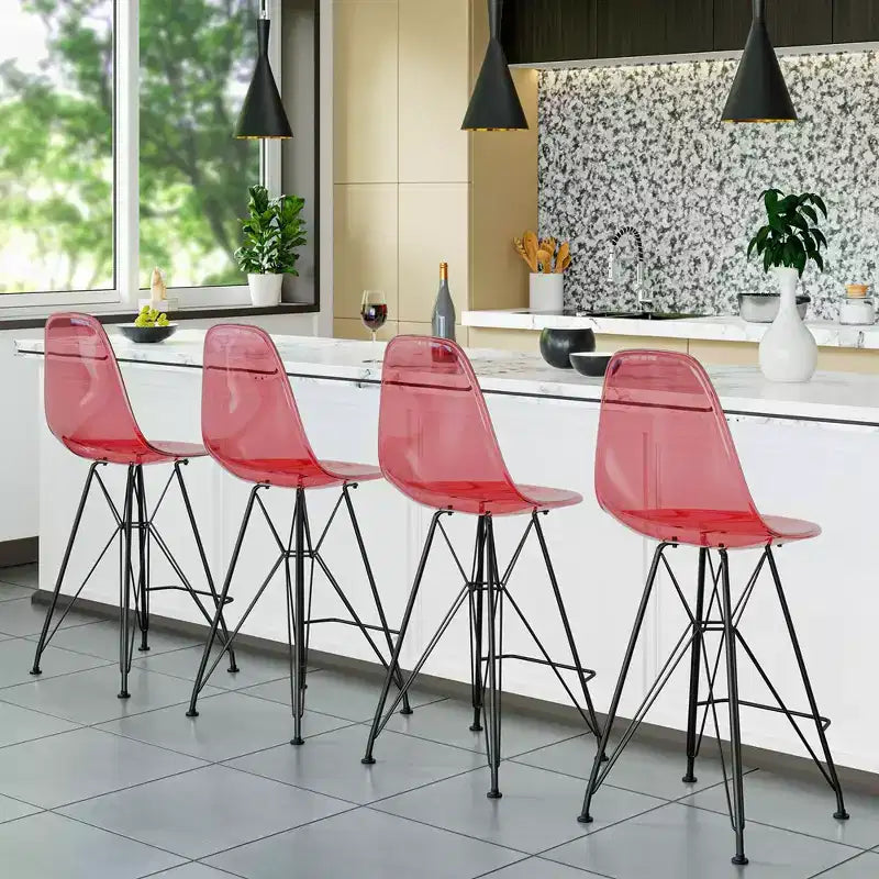 Tabouret de bar mi-hauteur LeisureMod Cresco en acrylique avec base en acier noir, parfait pour la cuisine, la salle à manger, le bar ou le salon