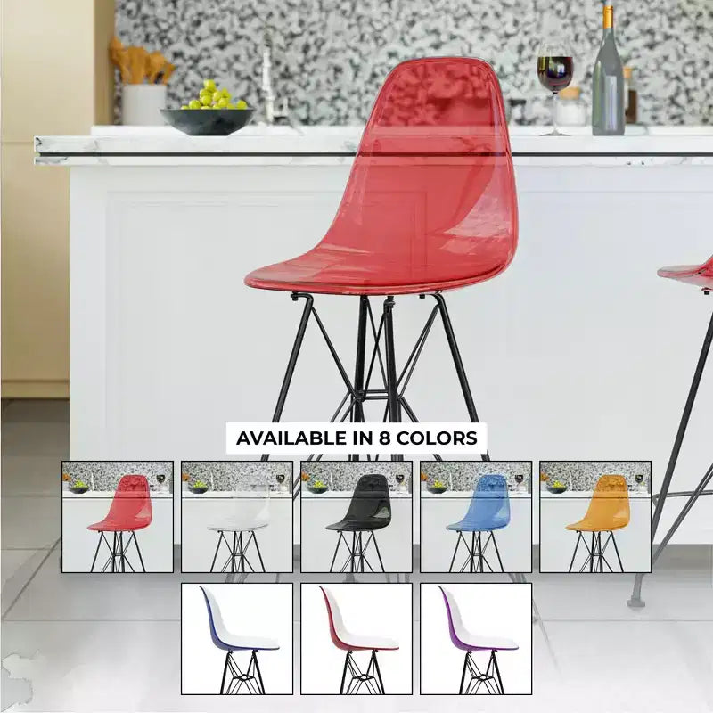 Tabouret de bar mi-hauteur LeisureMod Cresco en acrylique avec base en acier noir, parfait pour la cuisine, la salle à manger, le bar ou le salon