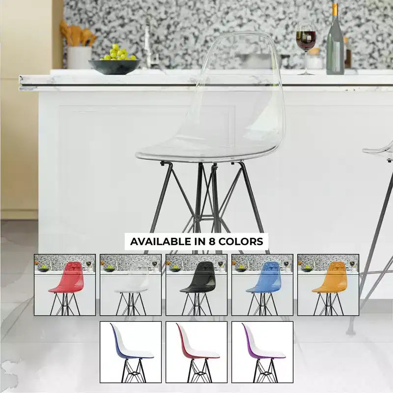 Tabouret de bar mi-hauteur LeisureMod Cresco en acrylique avec base en acier noir, parfait pour la cuisine, la salle à manger, le bar ou le salon