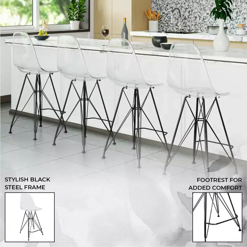 Tabouret de bar mi-hauteur LeisureMod Cresco en acrylique avec base en acier noir, parfait pour la cuisine, la salle à manger, le bar ou le salon