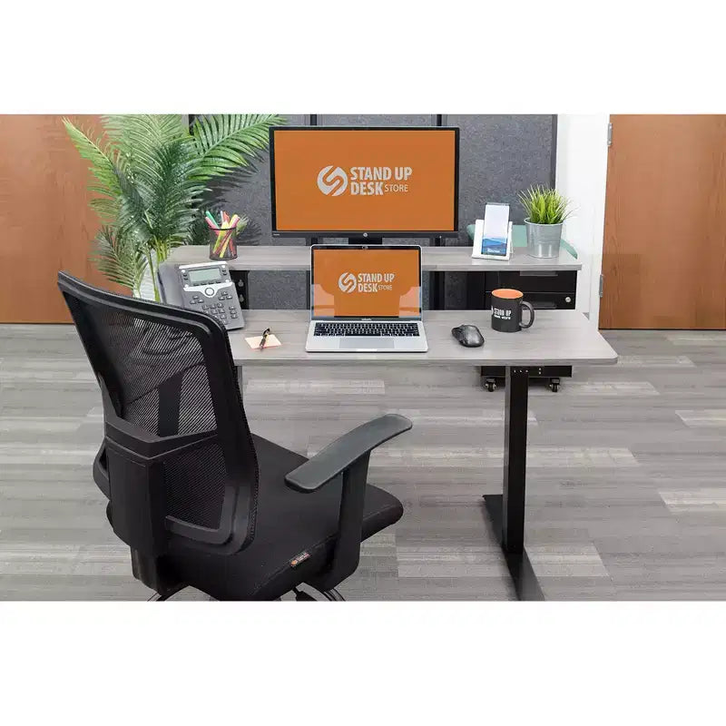 Bureau debout compact électrique programmable à deux niveaux Stand Up Desk Store (cadre blanc/plateau bouleau, 122 cm de large)