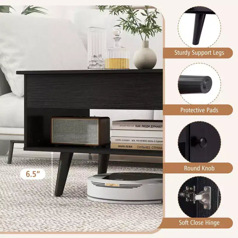 Table basse élévatrice Costway avec rangement, compartiment caché et étagère ouverte Noir/Marron/Naturel