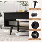 Table basse élévatrice Costway avec rangement, compartiment caché et étagère ouverte Noir/Marron/Naturel