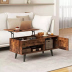 Table basse élévatrice Costway avec rangement, compartiment caché et étagère ouverte Noir/Marron/Naturel