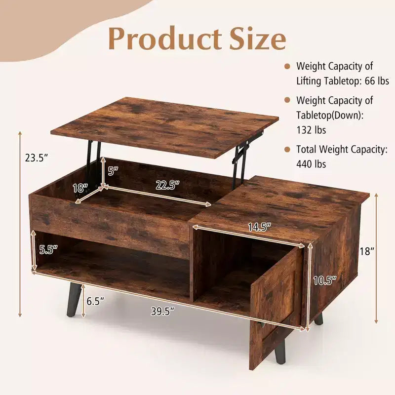 Table basse élévatrice Costway avec rangement, compartiment caché et étagère ouverte Noir/Marron/Naturel
