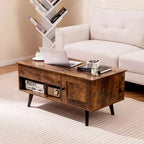 Table basse élévatrice Costway avec rangement, compartiment caché et étagère ouverte Noir/Marron/Naturel