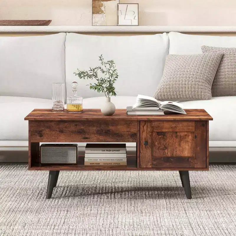 Table basse élévatrice Costway avec rangement, compartiment caché et étagère ouverte Noir/Marron/Naturel