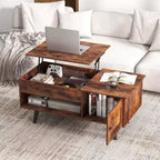 Table basse élévatrice Costway avec rangement, compartiment caché et étagère ouverte Noir/Marron/Naturel