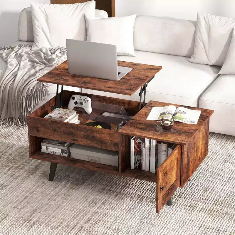 Table basse élévatrice Costway avec rangement, compartiment caché et étagère ouverte Noir/Marron/Naturel