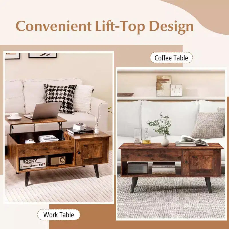 Table basse élévatrice Costway avec rangement, compartiment caché et étagère ouverte Noir/Marron/Naturel