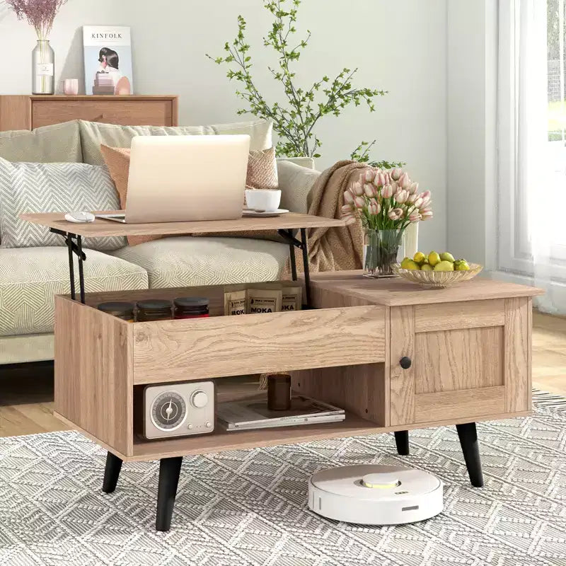 Table basse élévatrice Costway avec rangement, compartiment caché et étagère ouverte Noir/Marron/Naturel