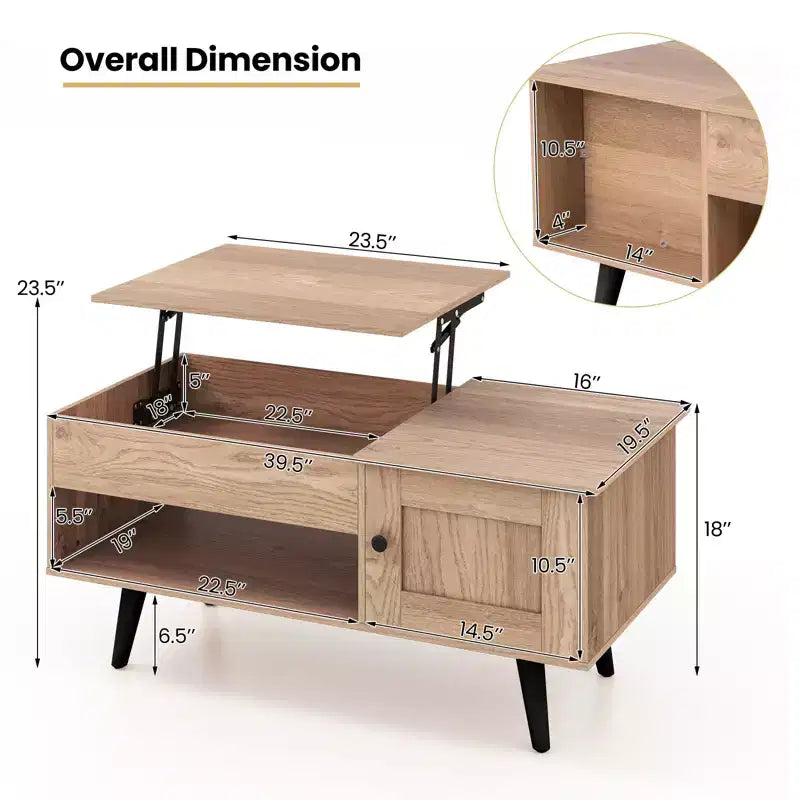 Table basse élévatrice Costway avec rangement, compartiment caché et étagère ouverte Noir/Marron/Naturel