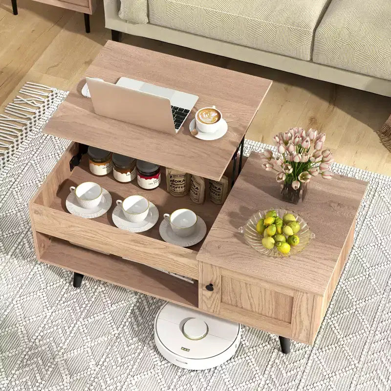 Table basse élévatrice Costway avec rangement, compartiment caché et étagère ouverte Noir/Marron/Naturel