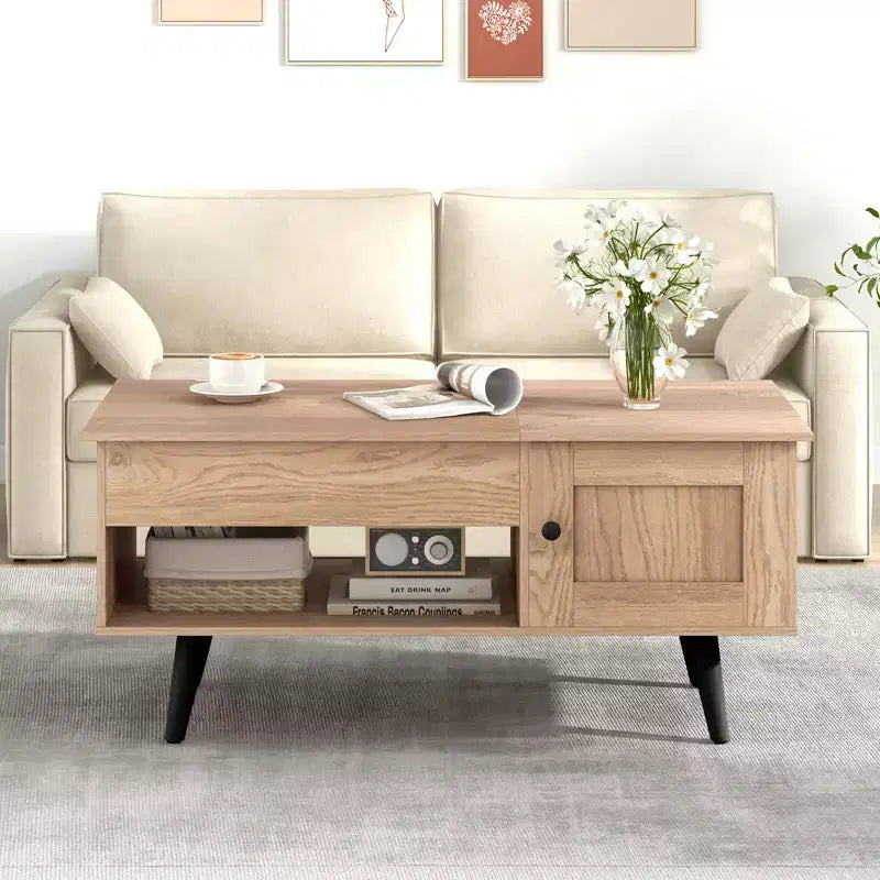 Table basse élévatrice Costway avec rangement, compartiment caché et étagère ouverte Noir/Marron/Naturel