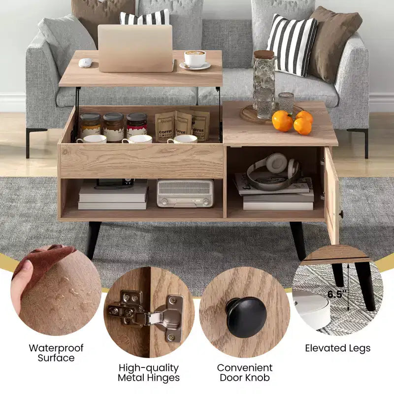 Table basse élévatrice Costway avec rangement, compartiment caché et étagère ouverte Noir/Marron/Naturel