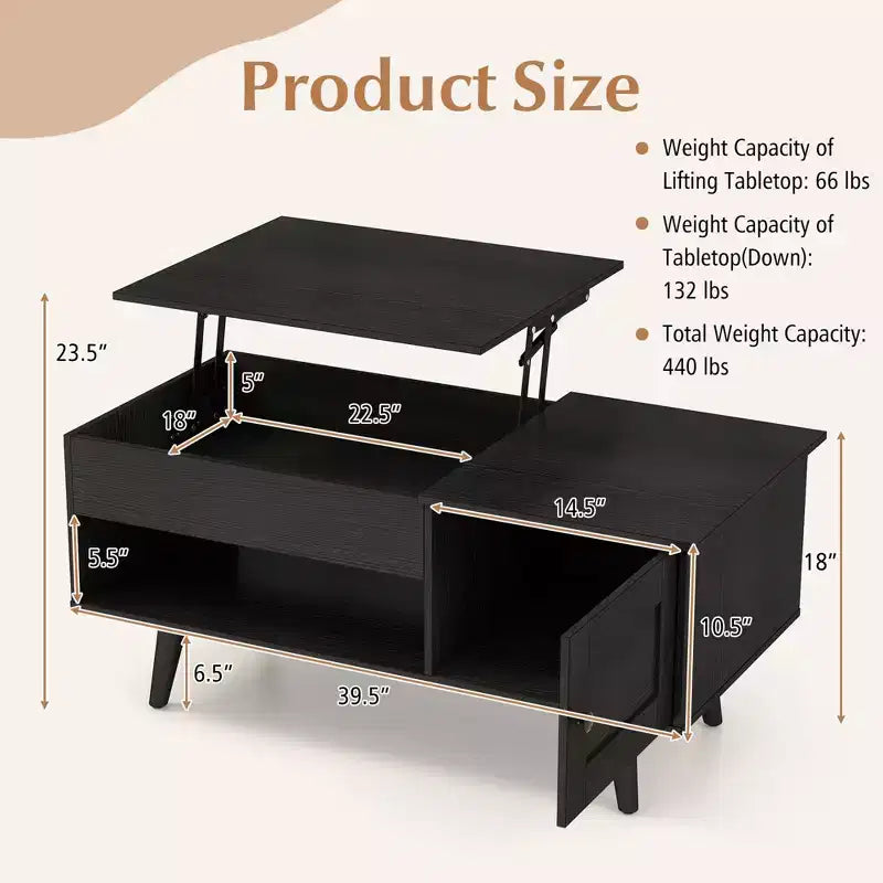 Table basse élévatrice Costway avec rangement, compartiment caché et étagère ouverte Noir/Marron/Naturel