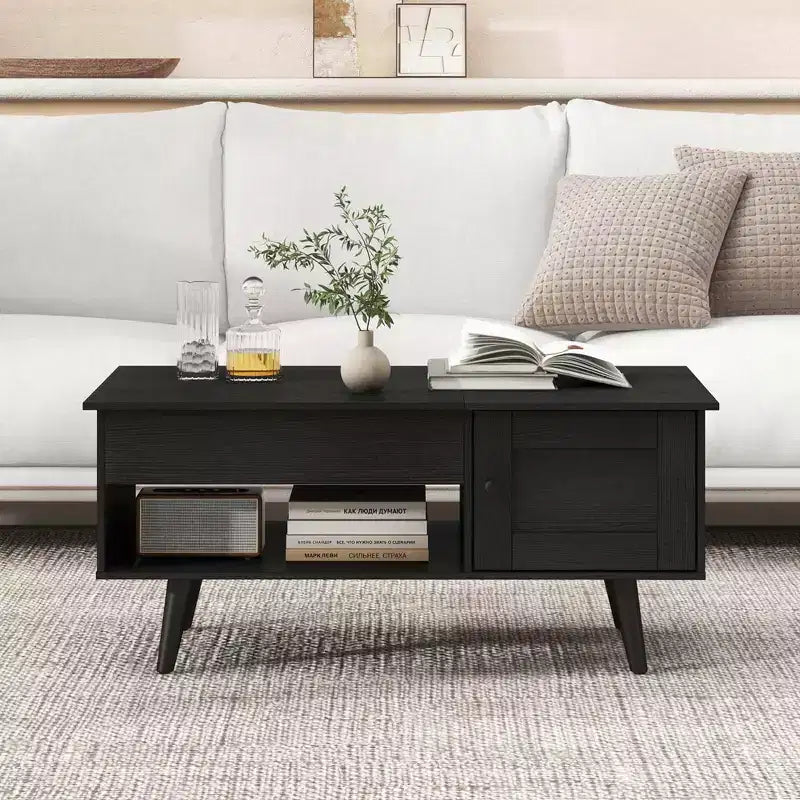 Table basse élévatrice Costway avec rangement, compartiment caché et étagère ouverte Noir/Marron/Naturel