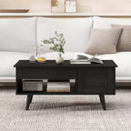 Table basse élévatrice Costway avec rangement, compartiment caché et étagère ouverte Noir/Marron/Naturel