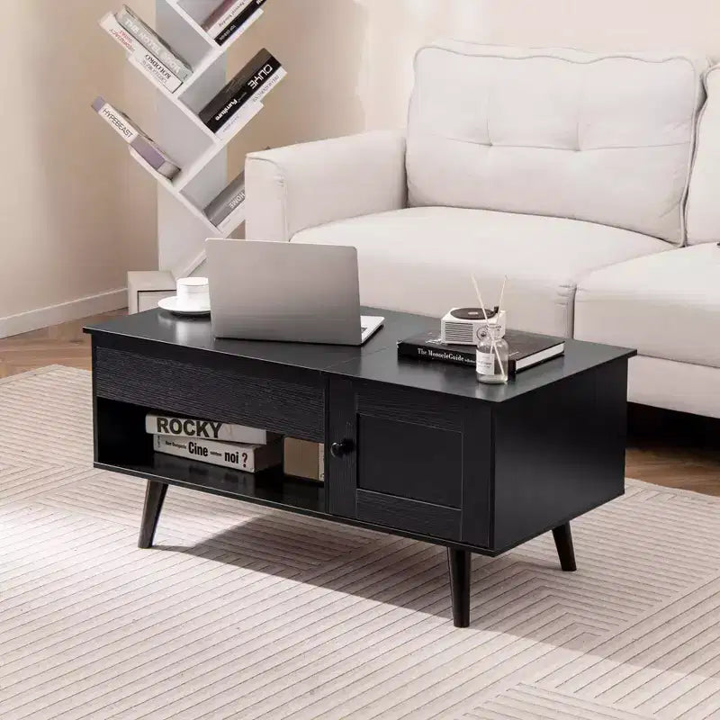 Table basse élévatrice Costway avec rangement, compartiment caché et étagère ouverte Noir/Marron/Naturel