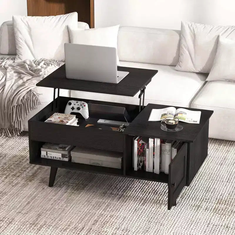 Table basse élévatrice Costway avec rangement, compartiment caché et étagère ouverte Noir/Marron/Naturel