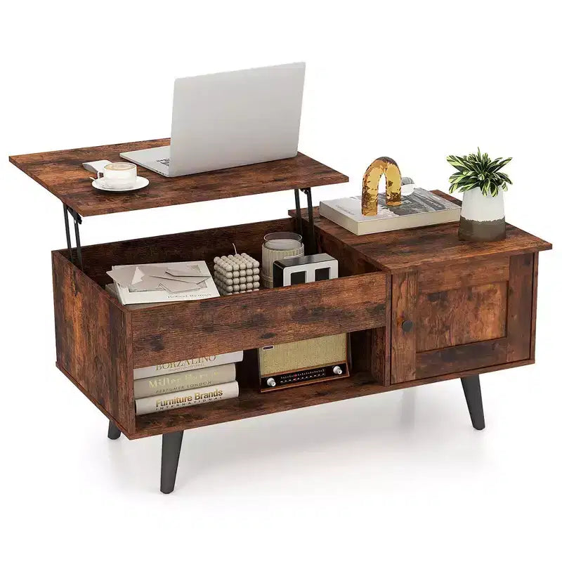 Table basse élévatrice Costway avec rangement, compartiment caché et étagère ouverte Noir/Marron/Naturel
