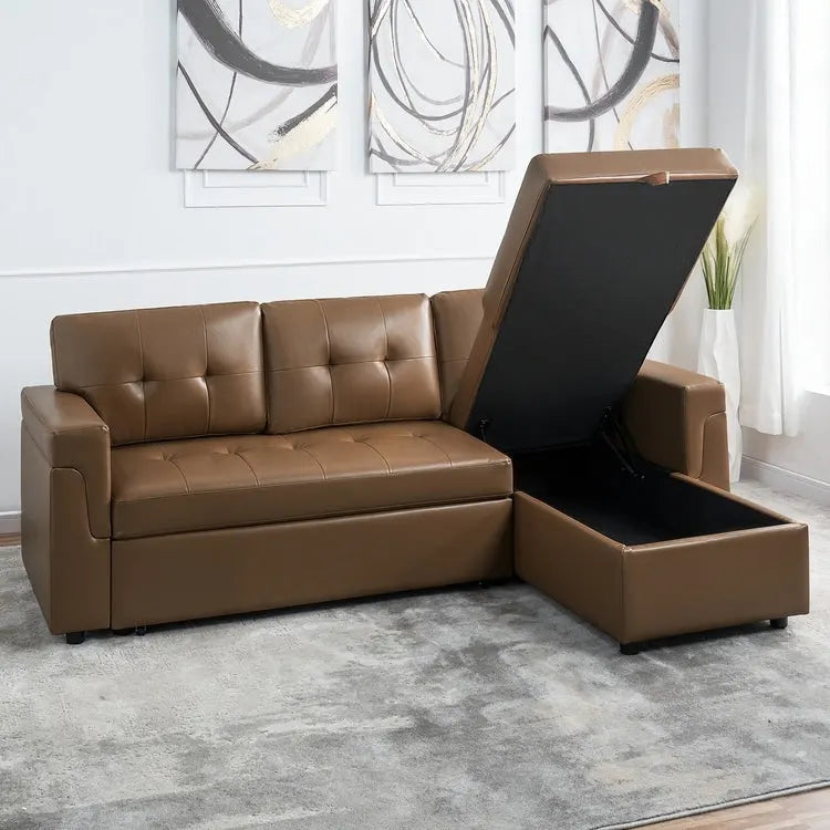 Canapé d'angle réversible avec lit gigogne, méridienne de rangement, pieds durables,