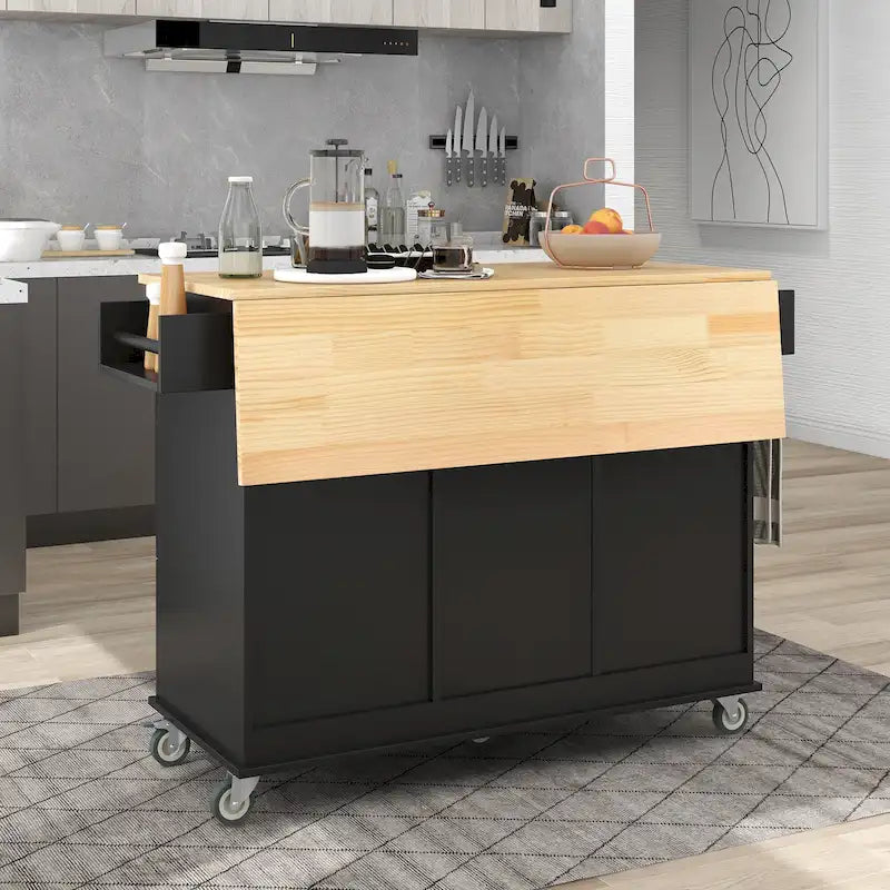 Desserte de cuisine avec plateau en bois massif et roulettes verrouillables