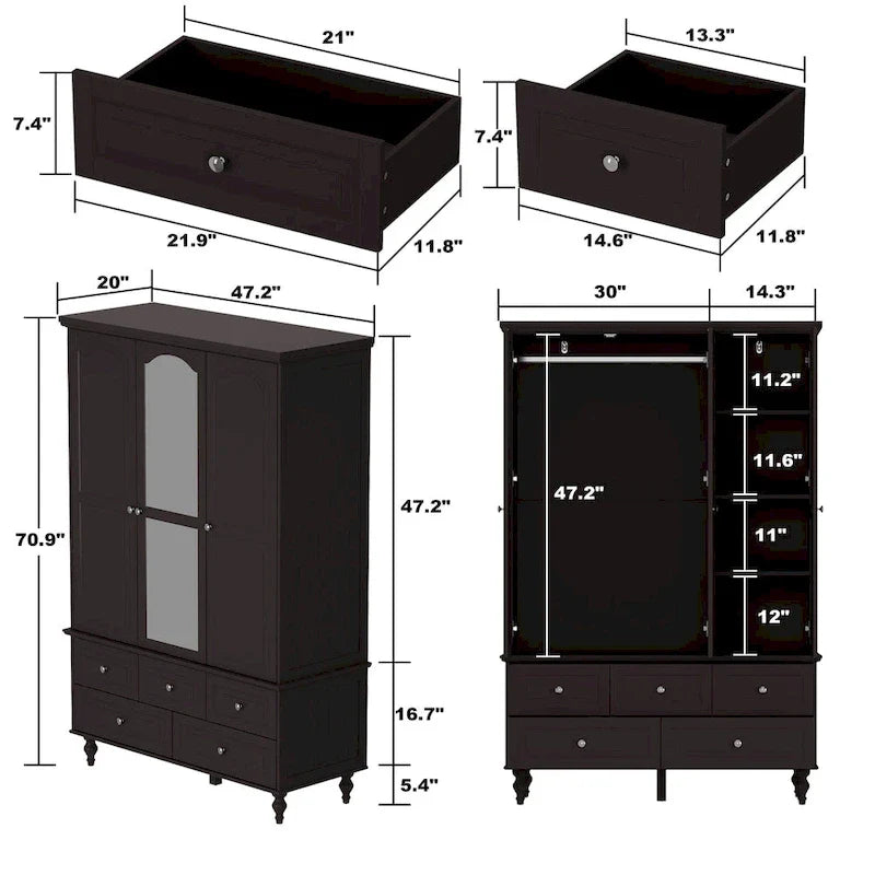 Garde-robe/Armoire/Placard familial de 70,9H avec portes miroir laque blanche