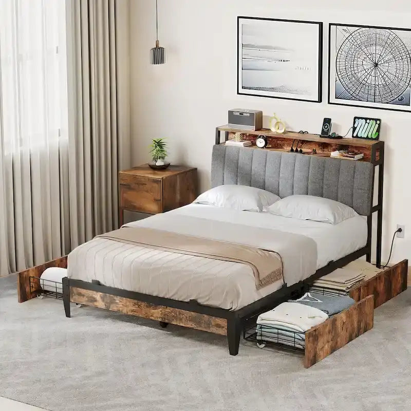 Moasis Storage Platform Bed Frame with Power Outlets and 4 Storage Drawers