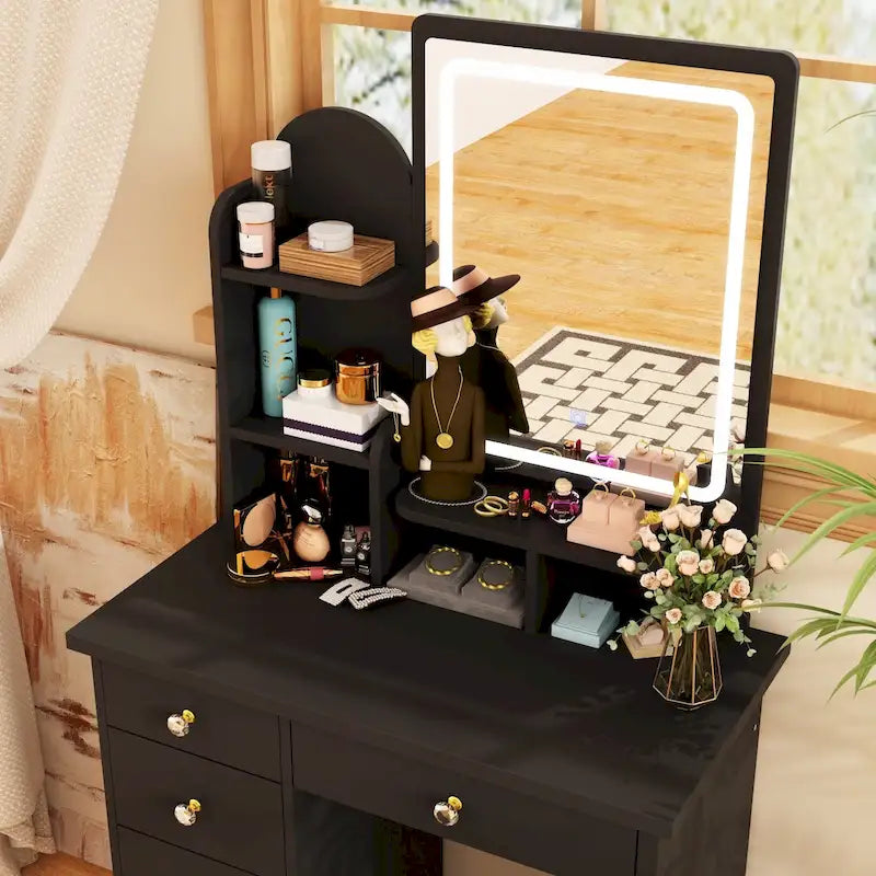 Coiffeuse avec miroir LED intégré et tabouret