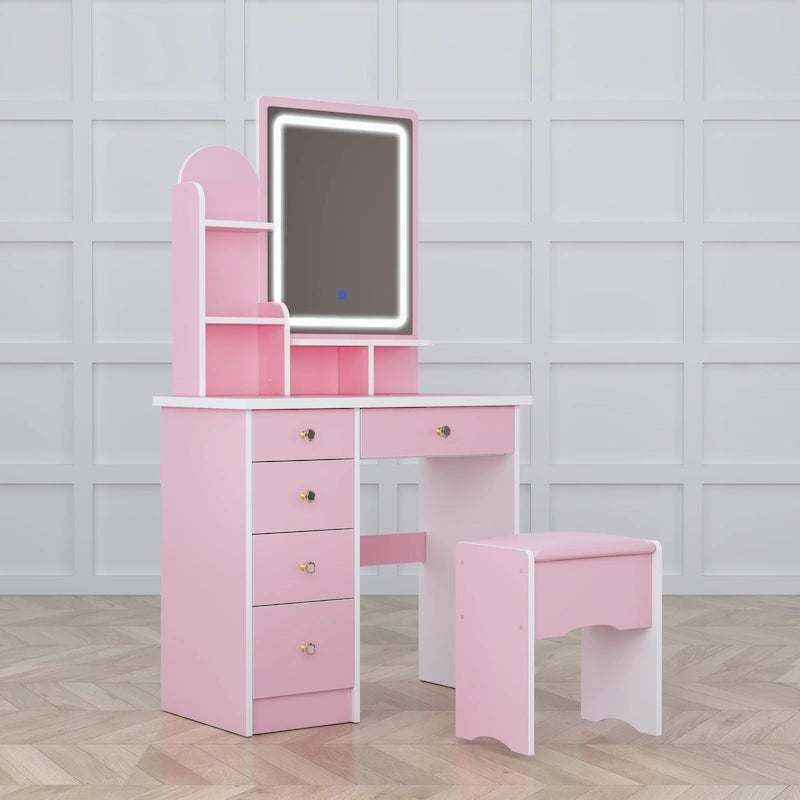 Coiffeuse avec miroir LED intégré et tabouret