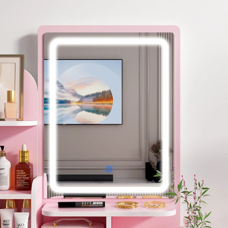 Coiffeuse avec miroir LED intégré et tabouret