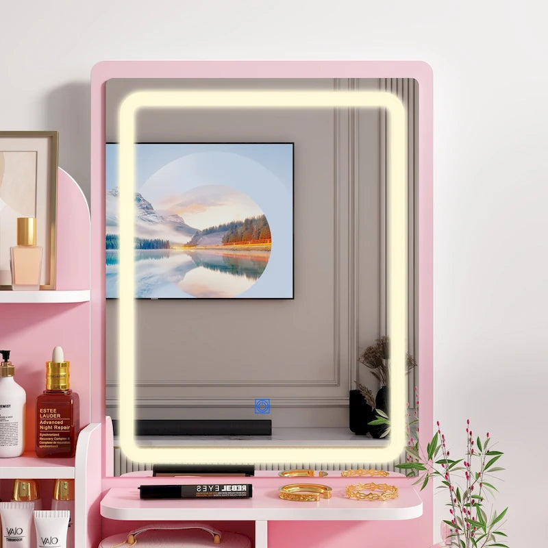 Coiffeuse avec miroir LED intégré et tabouret