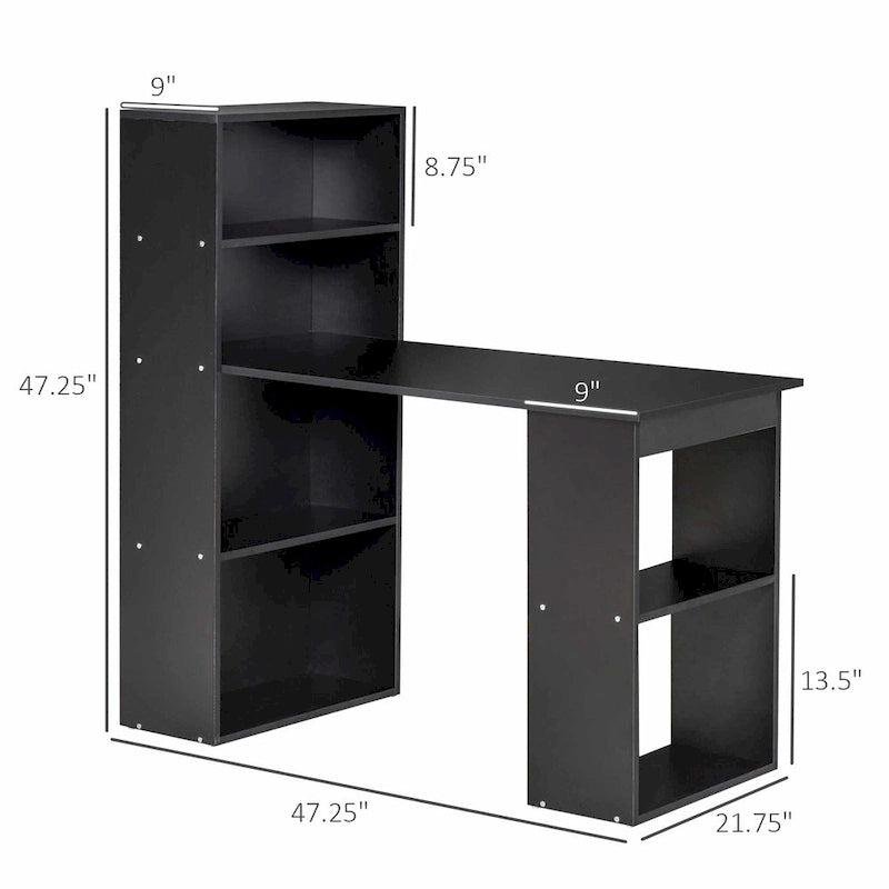 Bureau d'ordinateur compact moderne – Combinaison d'étagères à 6 niveaux, poste de travail et d'écriture pour bureau à domicile avec bibliothèque