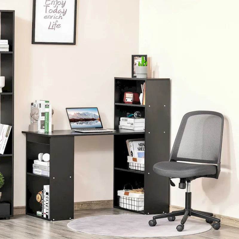Bureau d'ordinateur compact moderne – Combinaison d'étagères à 6 niveaux, poste de travail et d'écriture pour bureau à domicile avec bibliothèque