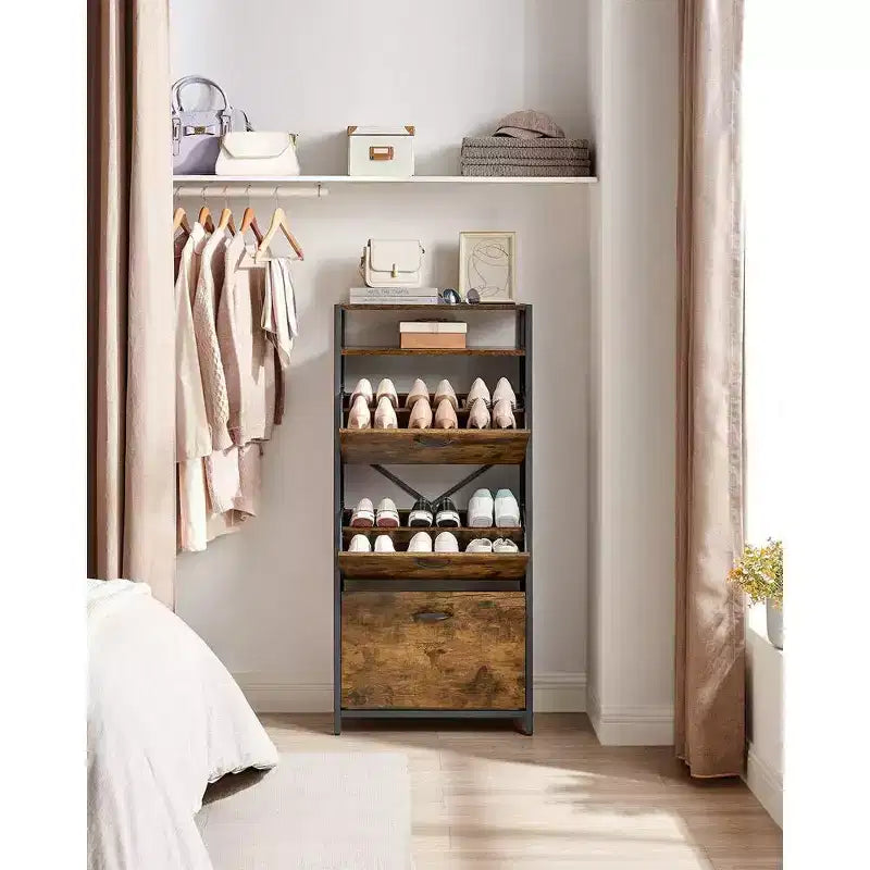 Meuble à chaussures VASAGLE avec 3 portes basculantes, étagère de rangement avec compartiment ouvert, séparateurs internes, pour 15 à 18 paires de chaussures, marron rustique et noir