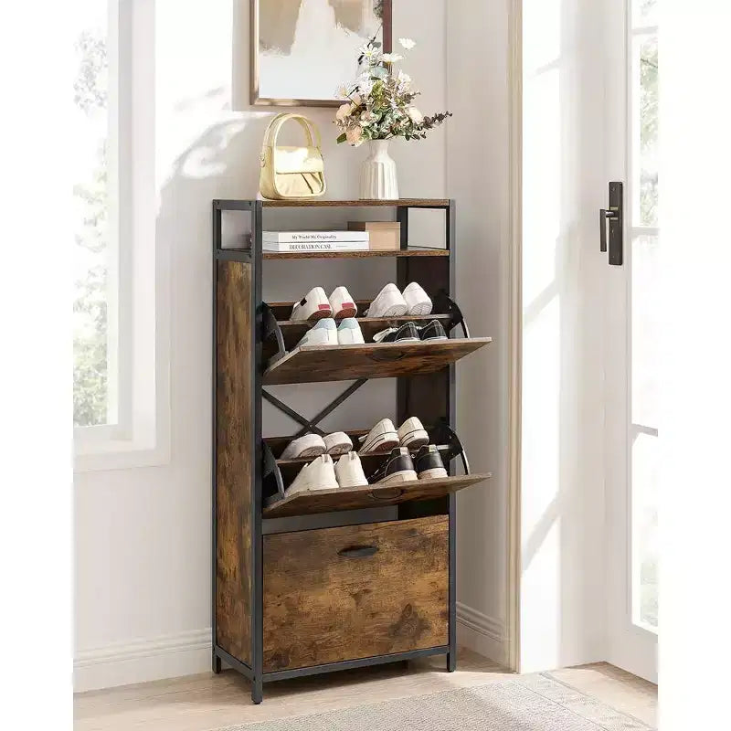 Meuble à chaussures VASAGLE avec 3 portes basculantes, étagère de rangement avec compartiment ouvert, séparateurs internes, pour 15 à 18 paires de chaussures, marron rustique et noir