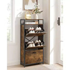 Meuble à chaussures VASAGLE avec 3 portes basculantes, étagère de rangement avec compartiment ouvert, séparateurs internes, pour 15 à 18 paires de chaussures, marron rustique et noir