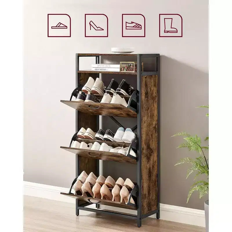 Meuble à chaussures VASAGLE avec 3 portes basculantes, étagère de rangement avec compartiment ouvert, séparateurs internes, pour 15 à 18 paires de chaussures, marron rustique et noir