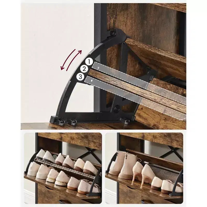 Meuble à chaussures VASAGLE avec 3 portes basculantes, étagère de rangement avec compartiment ouvert, séparateurs internes, pour 15 à 18 paires de chaussures, marron rustique et noir