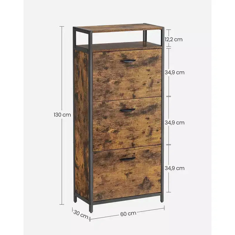 Meuble à chaussures VASAGLE avec 3 portes basculantes, étagère de rangement avec compartiment ouvert, séparateurs internes, pour 15 à 18 paires de chaussures, marron rustique et noir